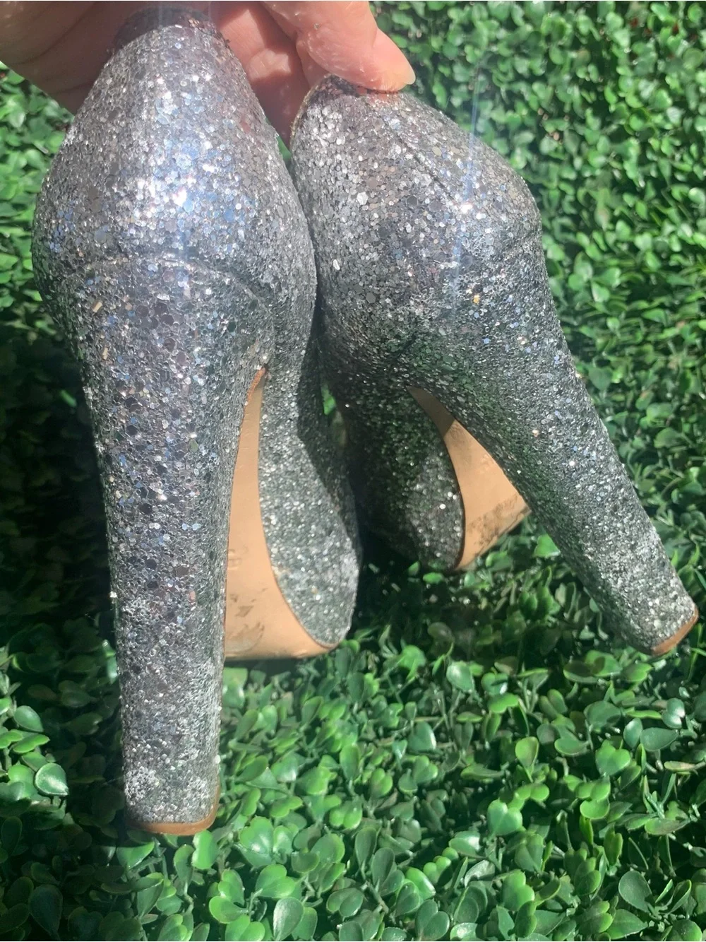 Refurbished Miu Miu silver glitter platform high chunky heels Sz 37 w/ 5” heel